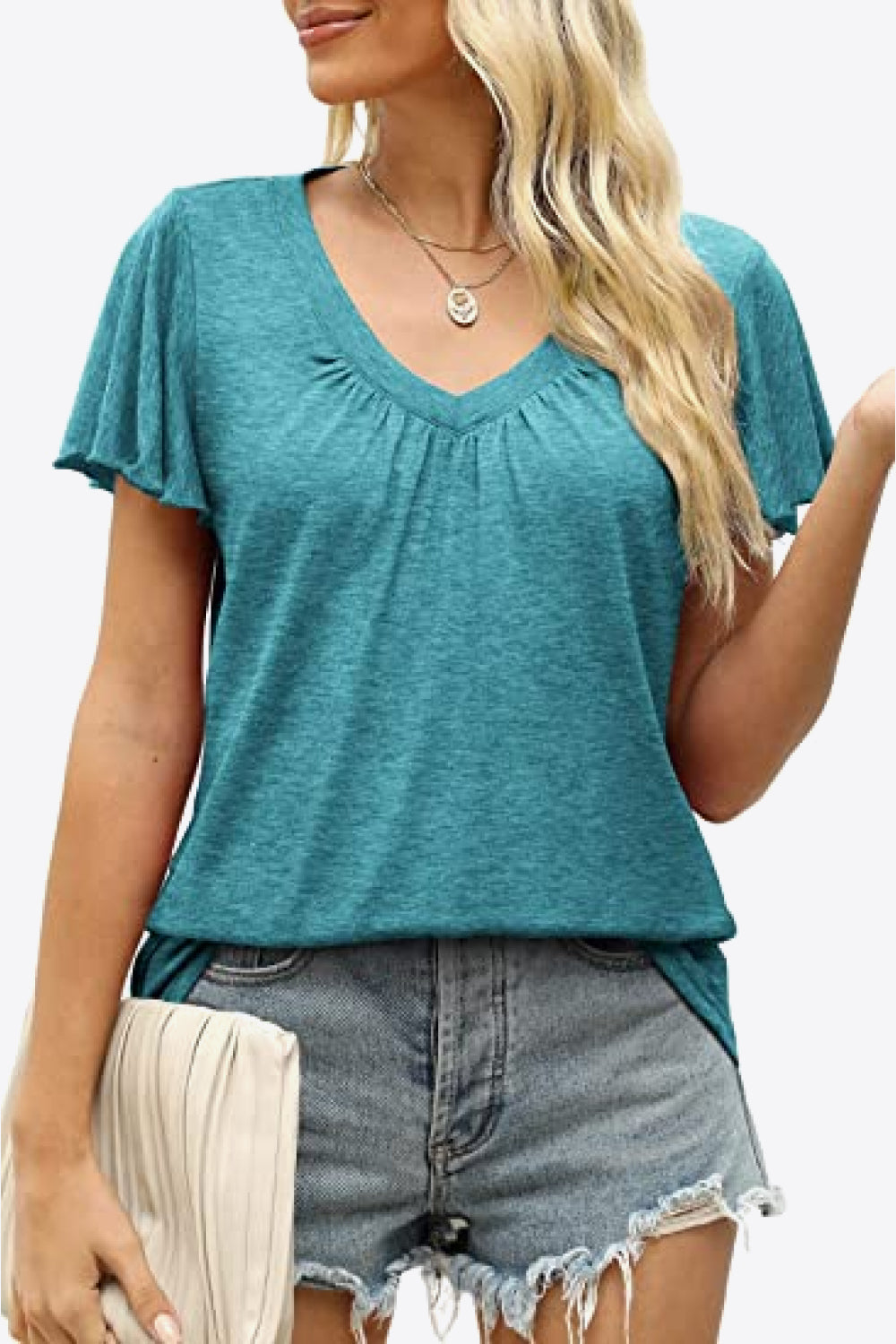 V-Neck Flutter Sleeve Tee Shirt