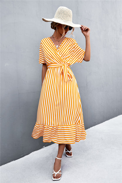 Striped Tie Belt Midi Dress