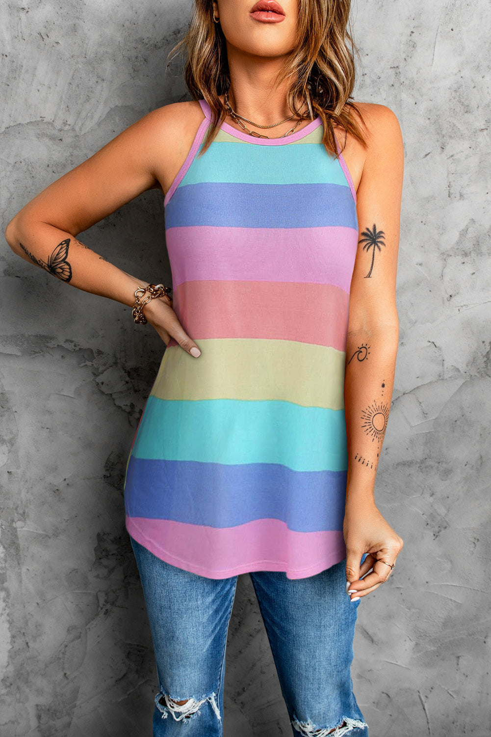 Striped Curved Hem Tank