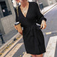 Belted Surplice Lantern Sleeve Wrap Sweater Dress
