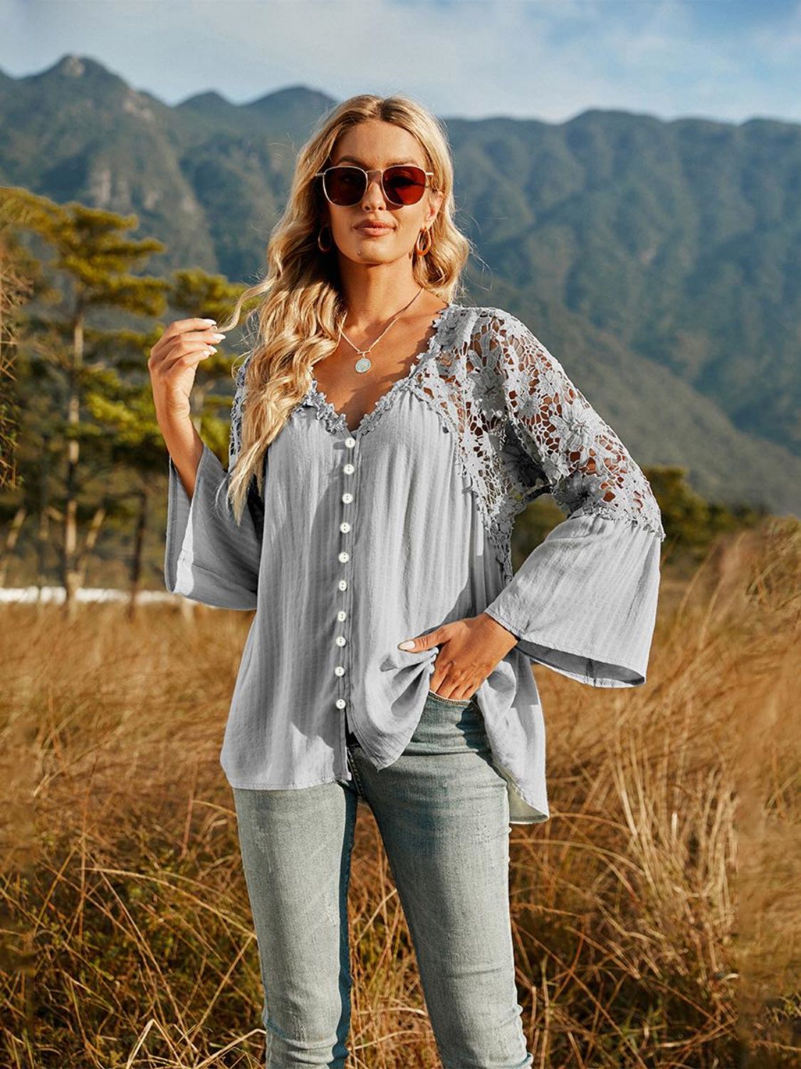 Spliced Lace Buttoned Blouse