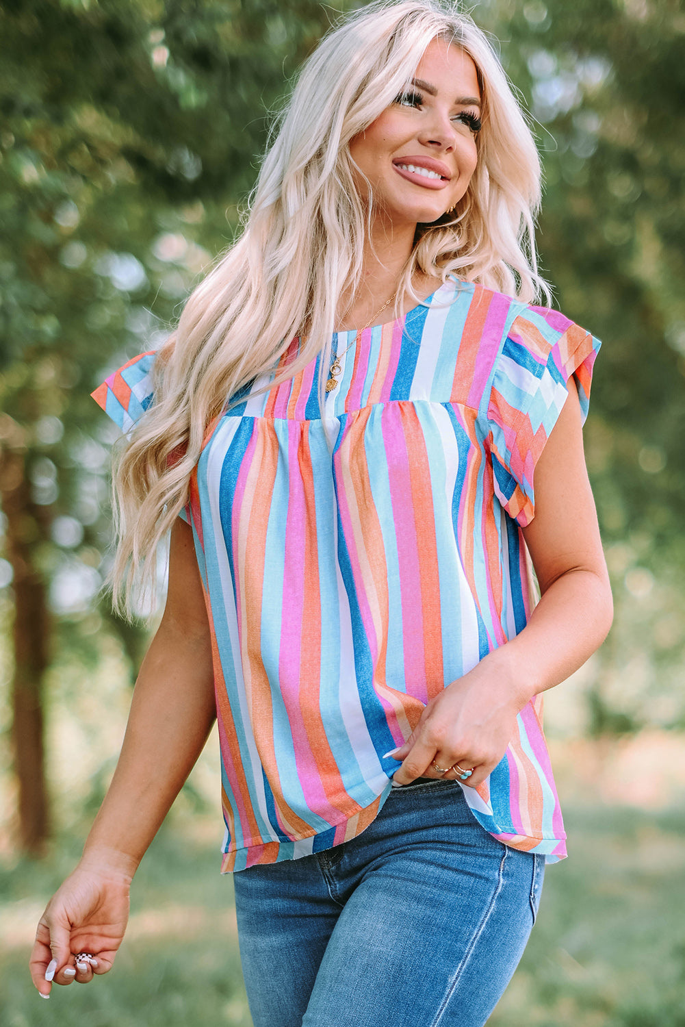 Multicolored Stripe Flutter Sleeve Blouse