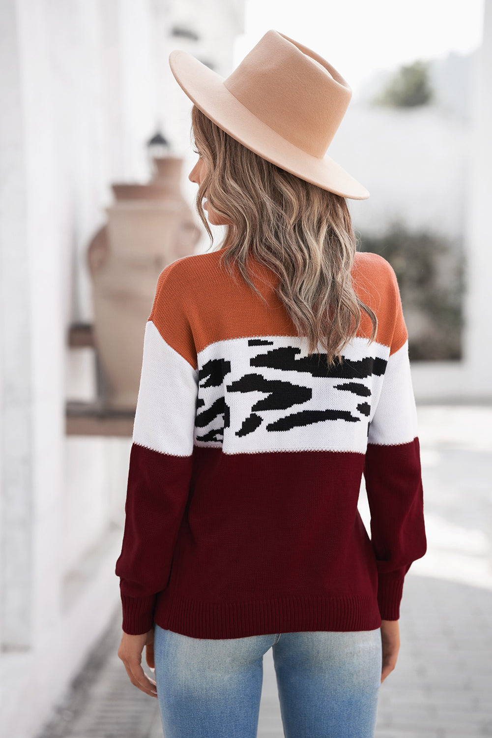 Leopard Color Block Ribbed Trim Dropped Shoulder Sweater