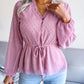 Swiss Dot Frill Trim Drawstring Waist Peplum Blouse