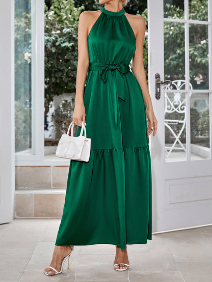 Belted Grecian Neck Tiered Maxi Dress