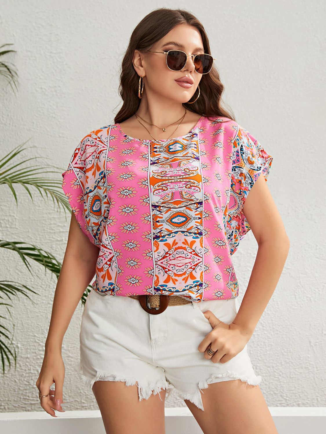 Plus Size Printed Round Neck Blouse