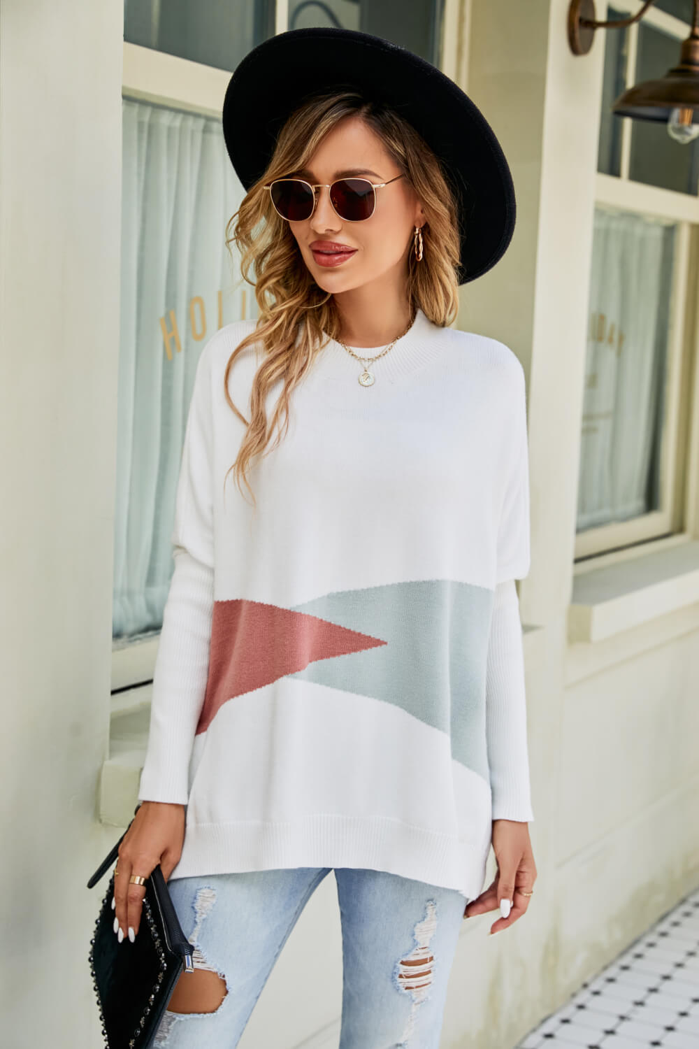 Color Block Round Neck Side Slit Sweater