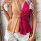 Two-Tone Twisted Plunge Peplum Sleeveless Top
