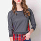 Full Size Plaid Patch Drop Shoulder Round Neck Top
