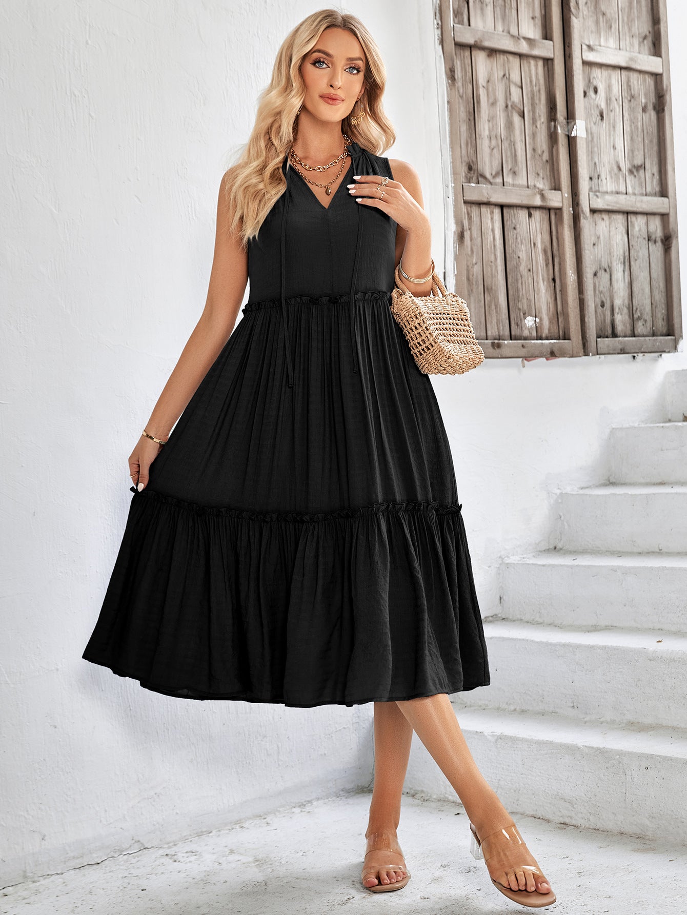 Tie Neck Frill Trim Sleeveless Dress