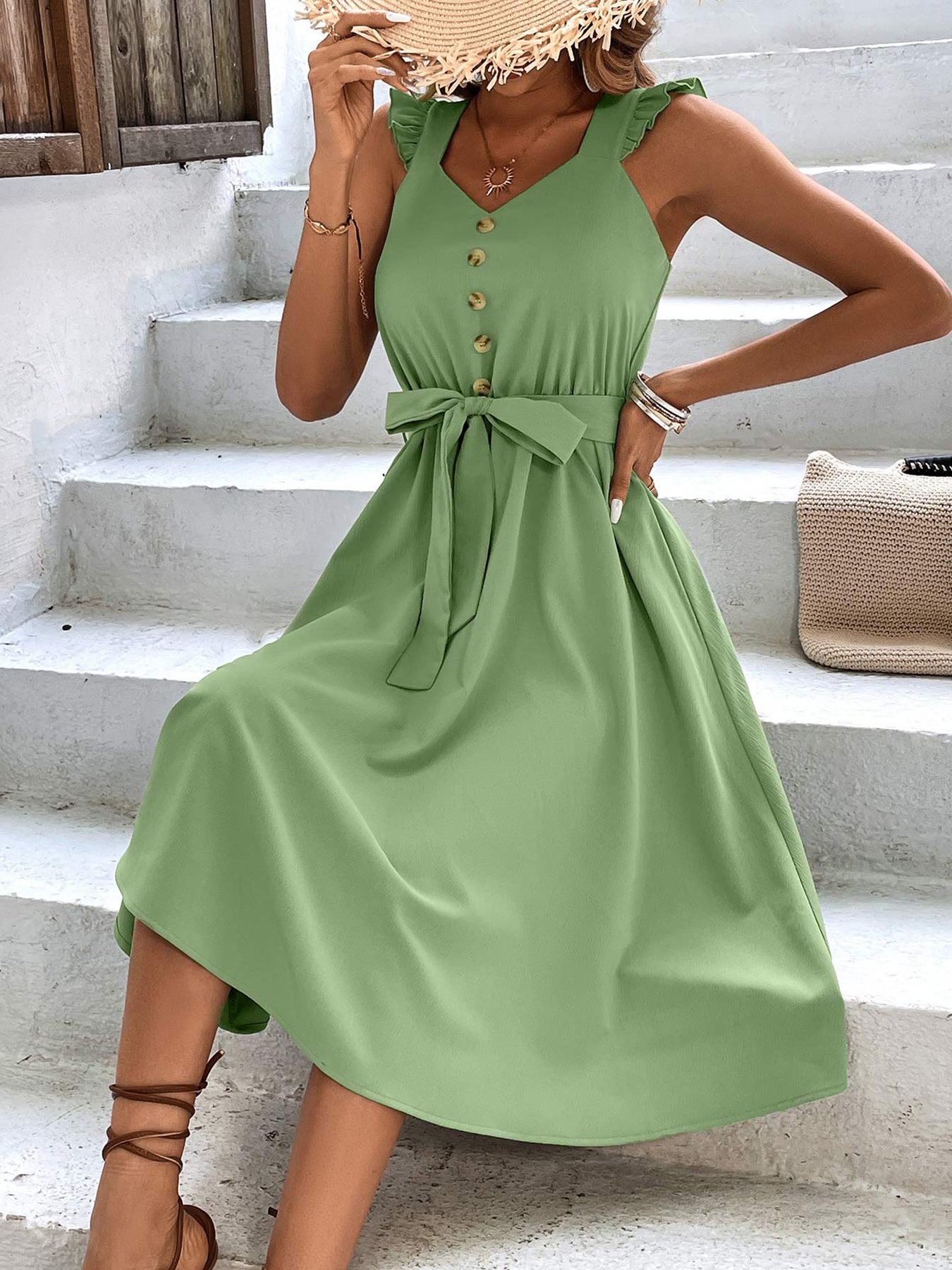 Decorative Button Tie Waist A-Line Dress