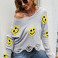 Smiley Face Distressed Round Neck Sweater