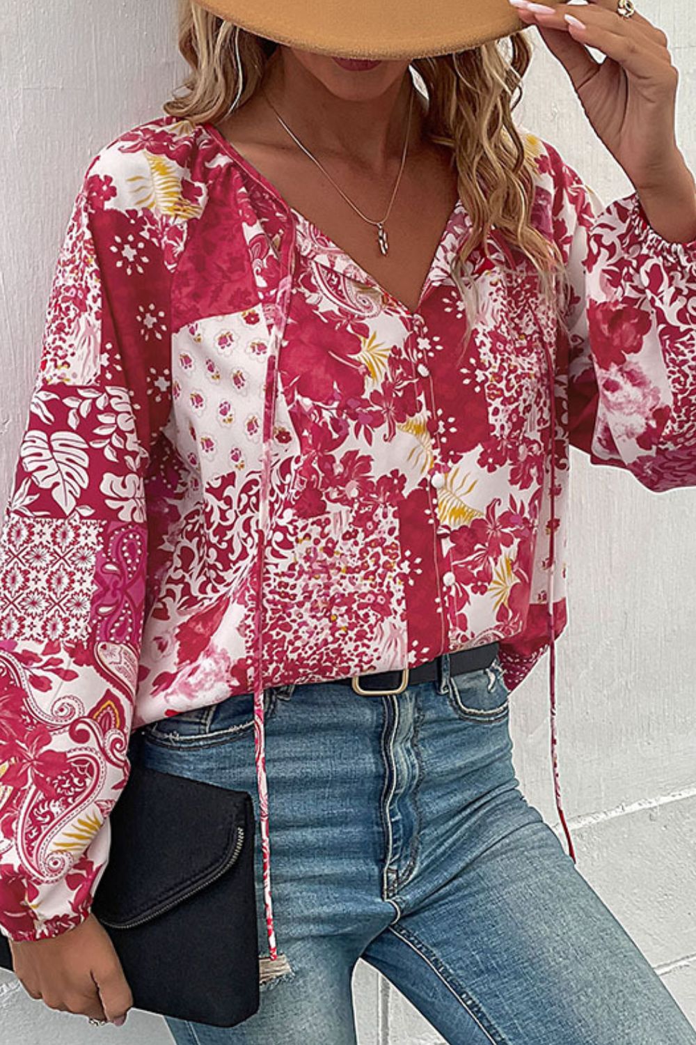 Patchwork Buttoned Tie-Neck Balloon Sleeve Blouse