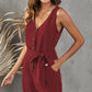 Tie-Waist Buttoned Plunge Sleeveless Romper