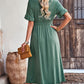 Gathered Detail Buttoned V-Neck Midi Dress