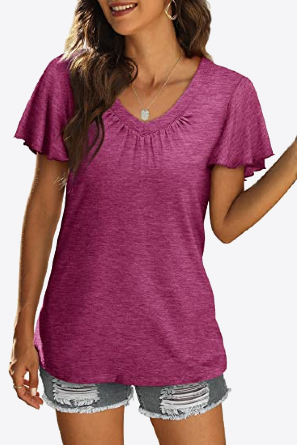 V-Neck Flutter Sleeve Tee Shirt