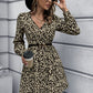 Animal Print Buttoned V-Neck Long Sleeve Dress