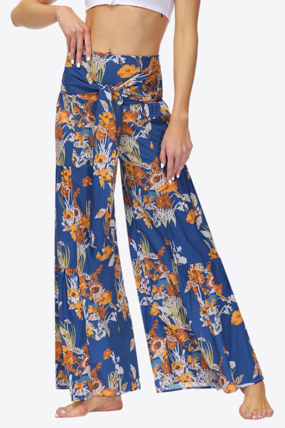 Floral Tie-Waist Tiered Culottes