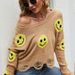Smiley Face Distressed Round Neck Sweater