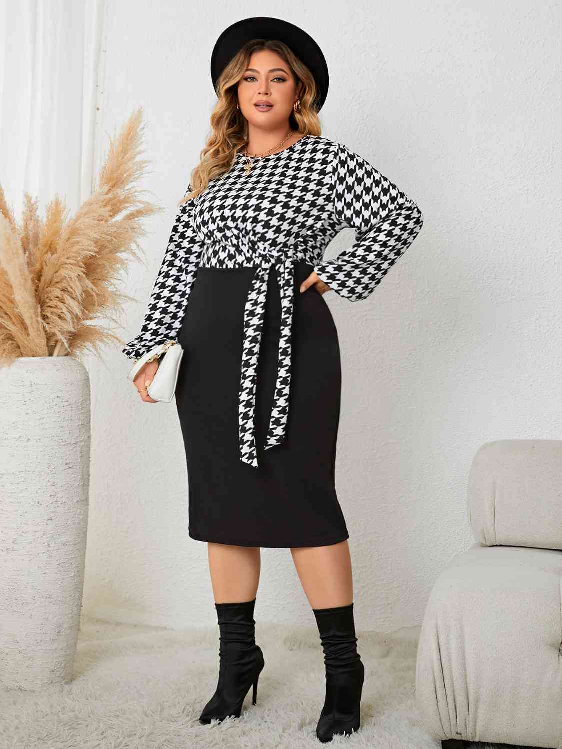 Plus Size Houndstooth Tied Long Sleeve Dress