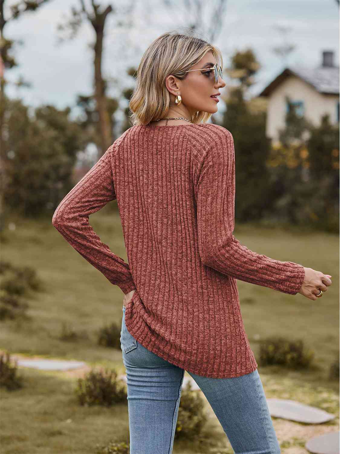 Full Size Ribbed Square Neck Long Sleeve T-Shirt