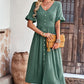Gathered Detail Buttoned V-Neck Midi Dress