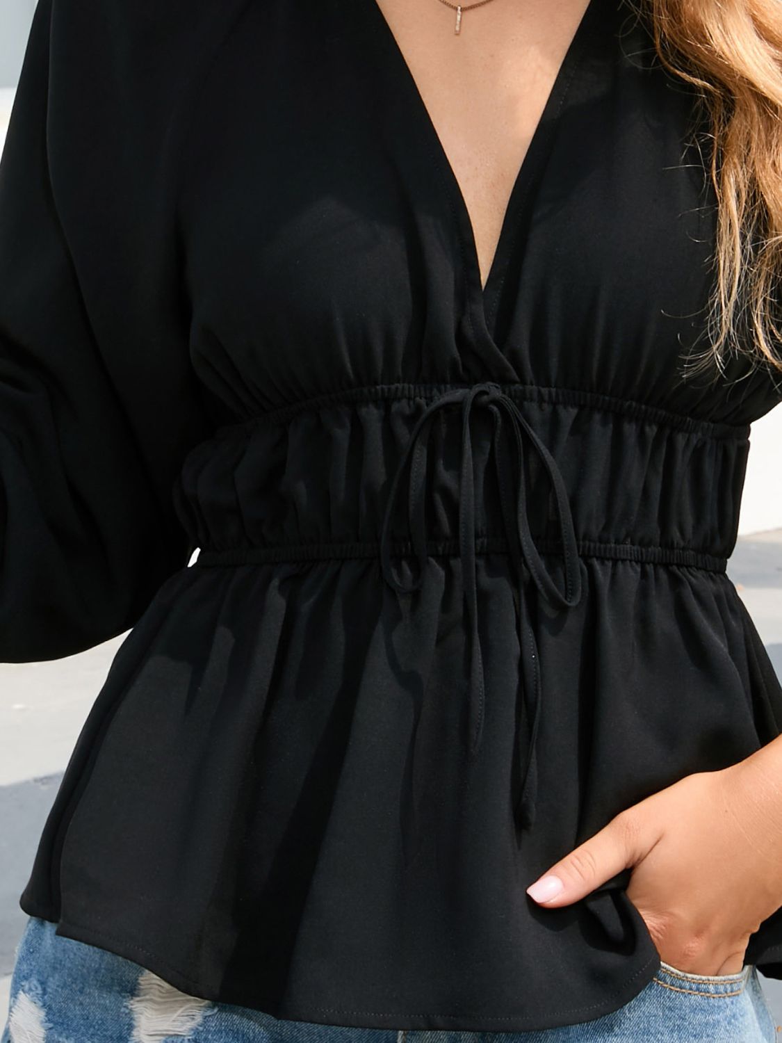 Balloon Sleeve Plunge Peplum Blouse