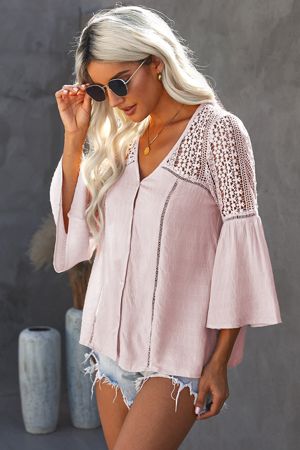 Flare Sleeve Spliced Lace V-Neck Shirt