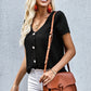 Buttoned V-Neck Short Sleeve Top