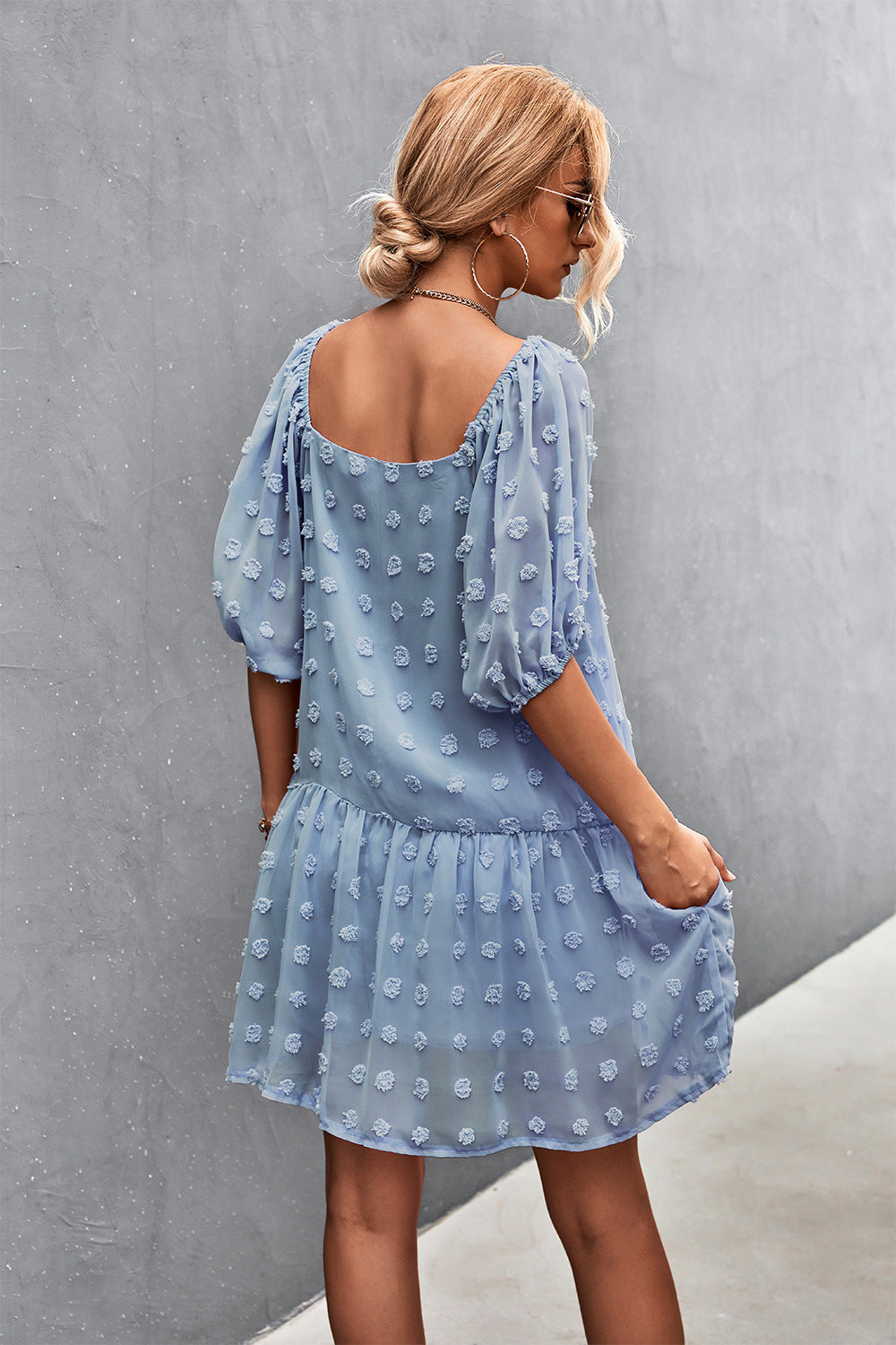 Swiss Dot Square Neck Half Balloon Sleeve Dress