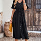 Gathered Detail Buttoned V-Neck Midi Dress