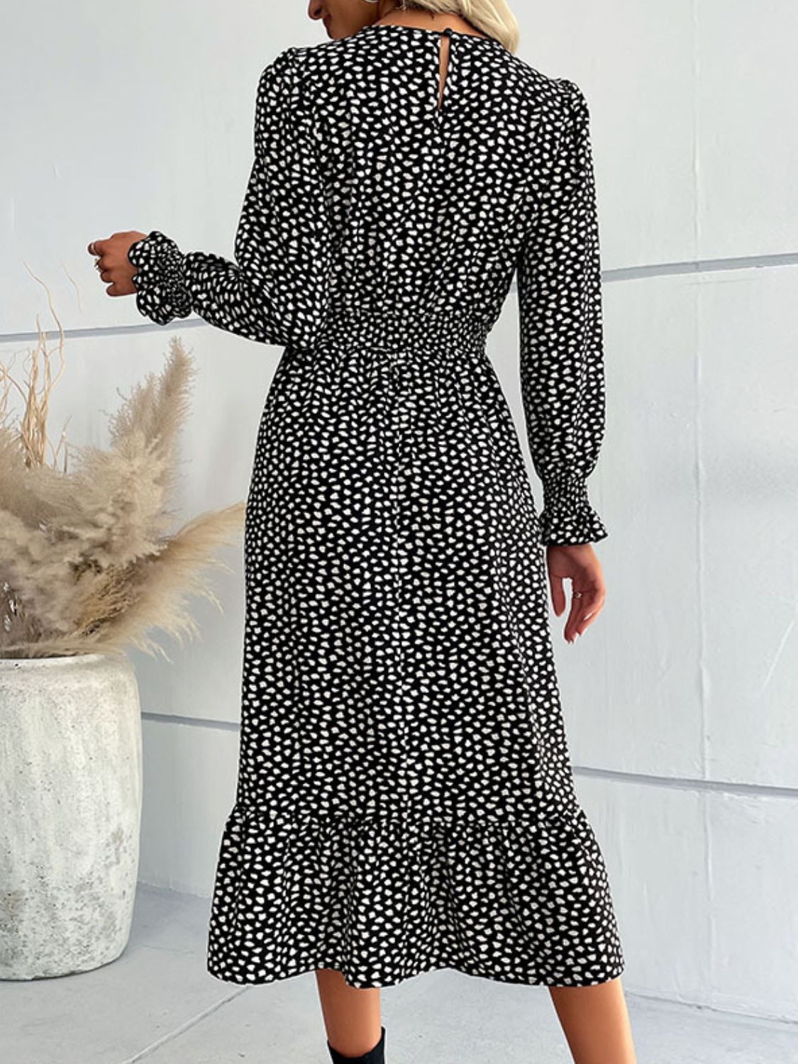 Printed Flounce Sleeve V-Neck Midi Dress