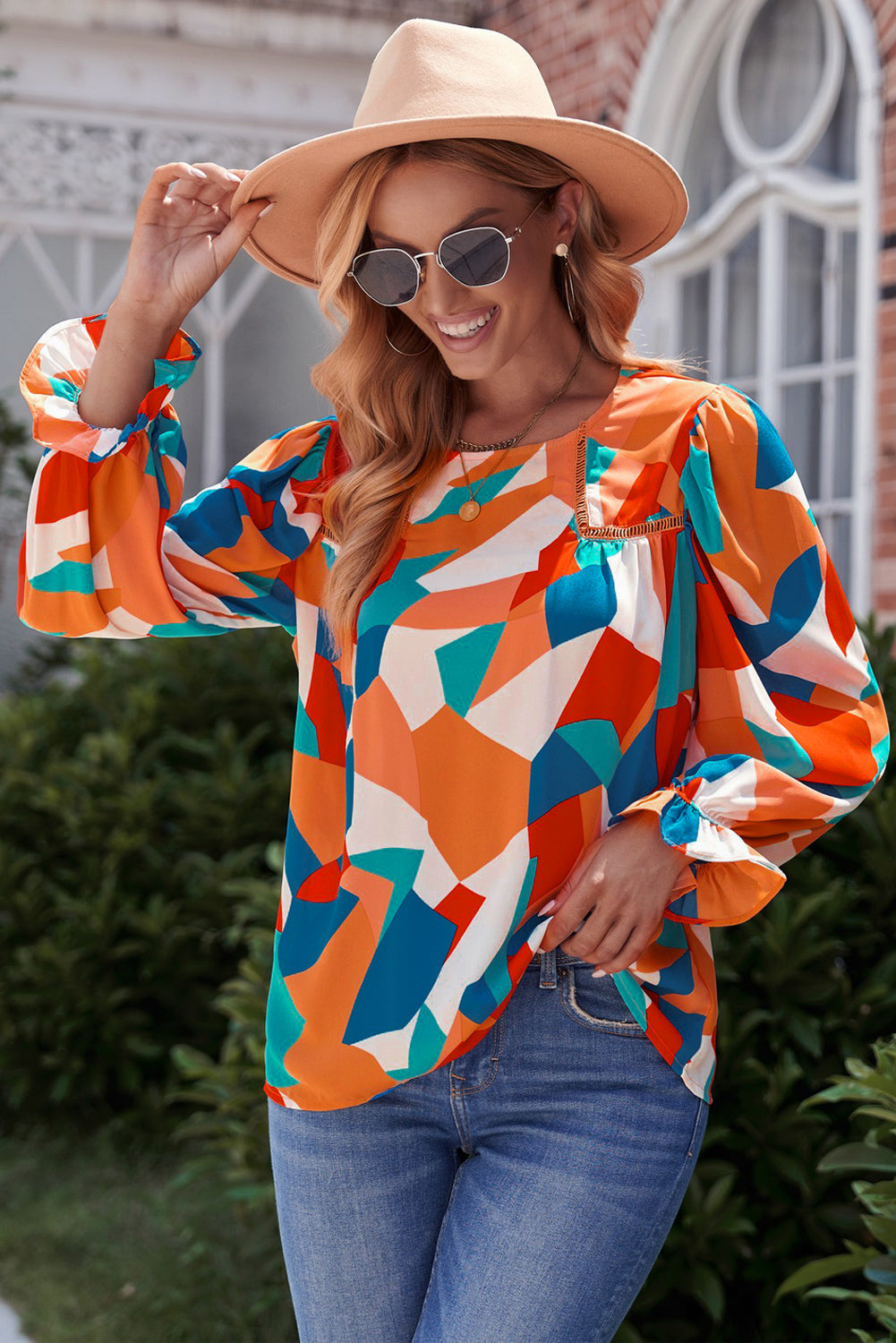 Geometric Flounce Sleeve Blouse