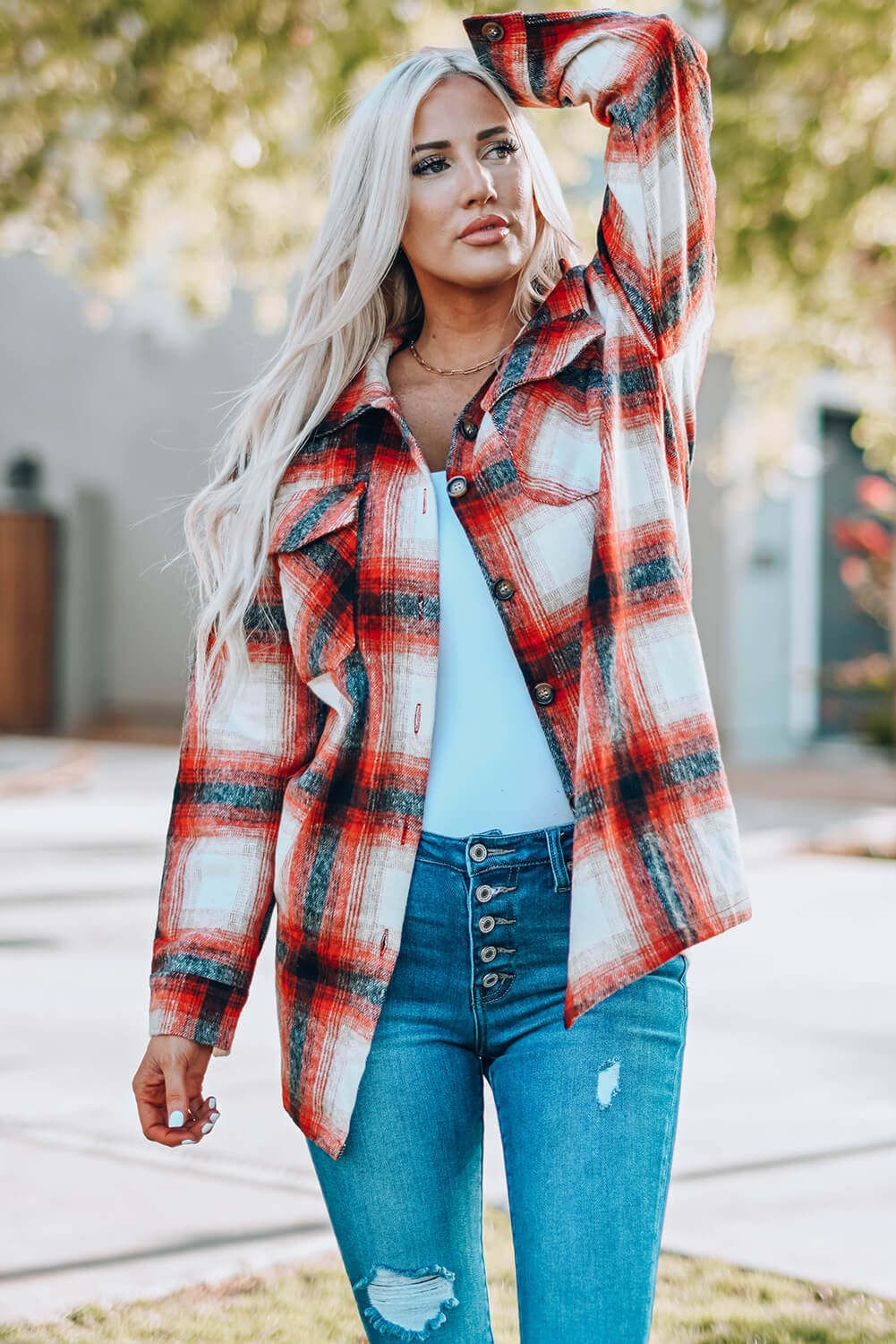 Plaid Button Up Shirt Jacket with Pockets