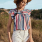 Striped Flutter Sleeve Tied Blouse