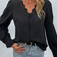 Scalloped Lace Trim Puff Sleeve V-Neck Blouse