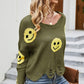 Smiley Face Distressed Round Neck Sweater