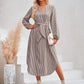 Striped Notched Neck Curved Hem Long Sleeve Dress