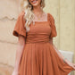 Square Neck Pleated Dress with Pockets