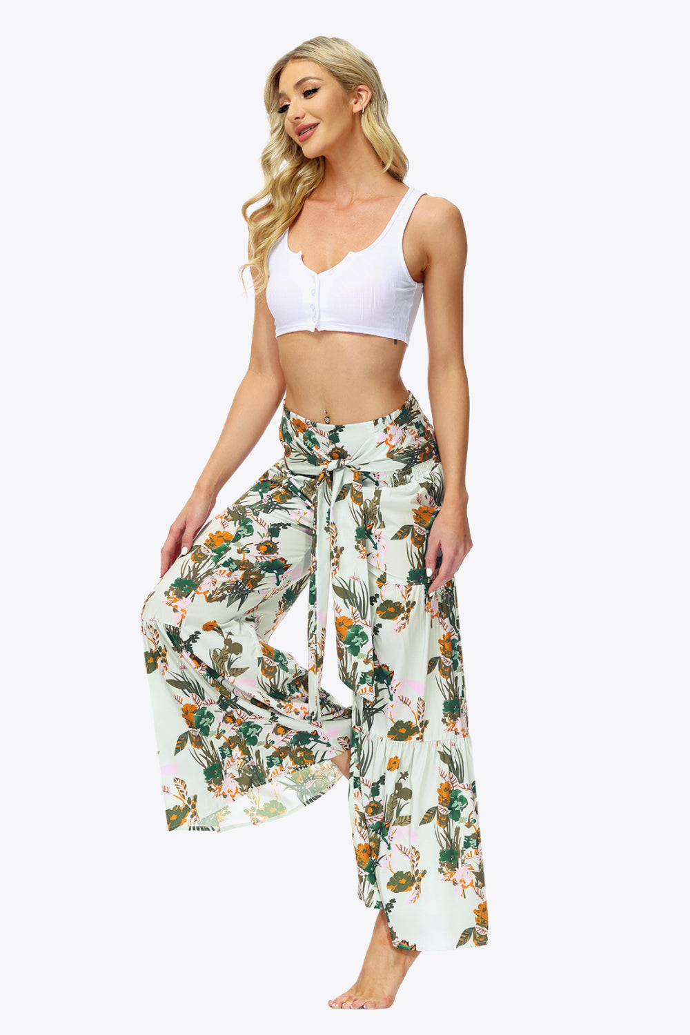 Floral Tie-Waist Tiered Culottes