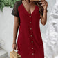 Buttoned V-Neck Raglan Sleeve Dress