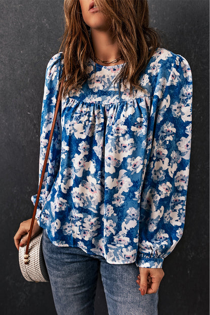 Floral Balloon Sleeve Round Neck Blouse