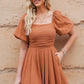 Square Neck Pleated Dress with Pockets
