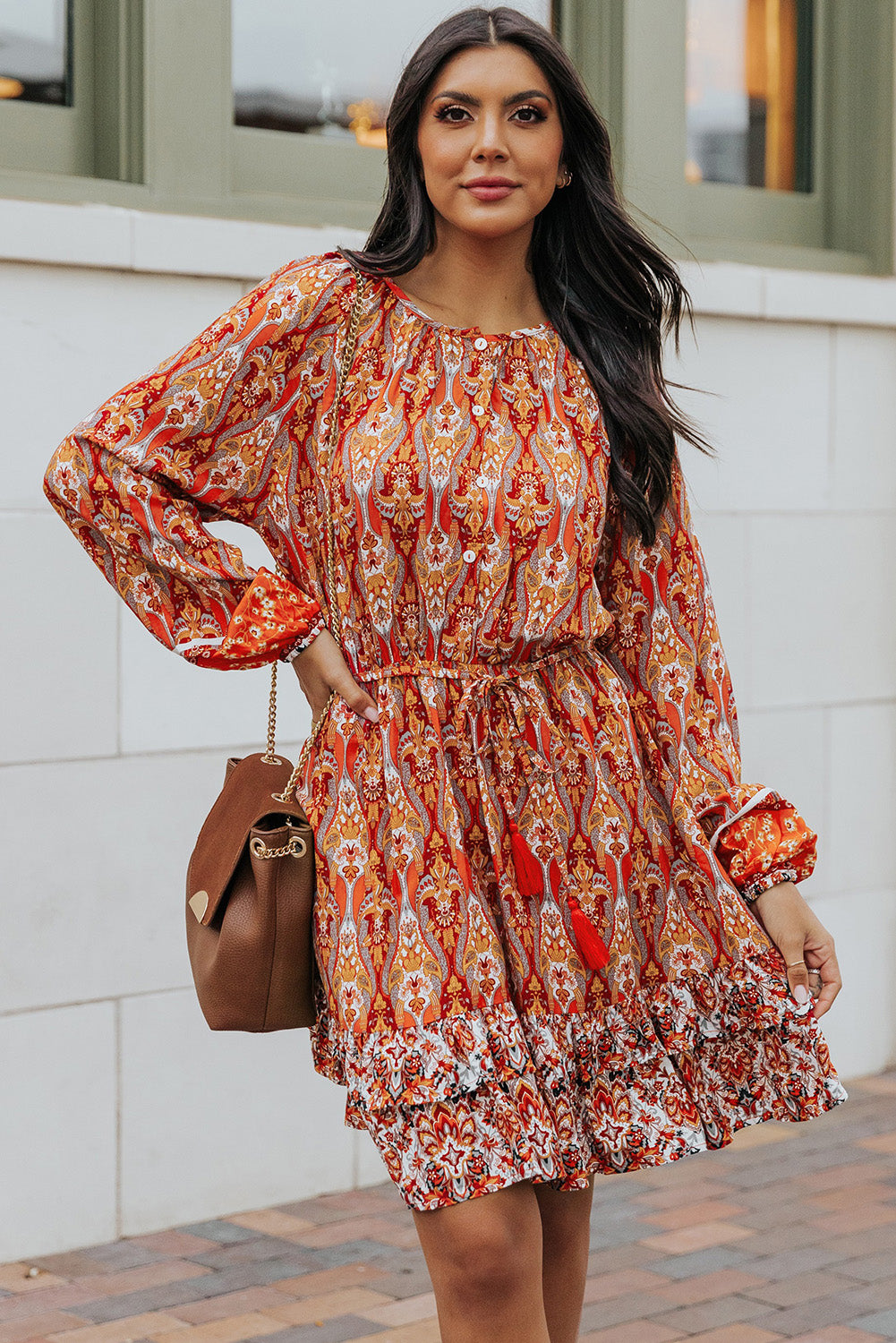 Printed Balloon Sleeve Tassel Tie Dress