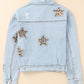 Leopard Star Applique Distressed Denim Jacket