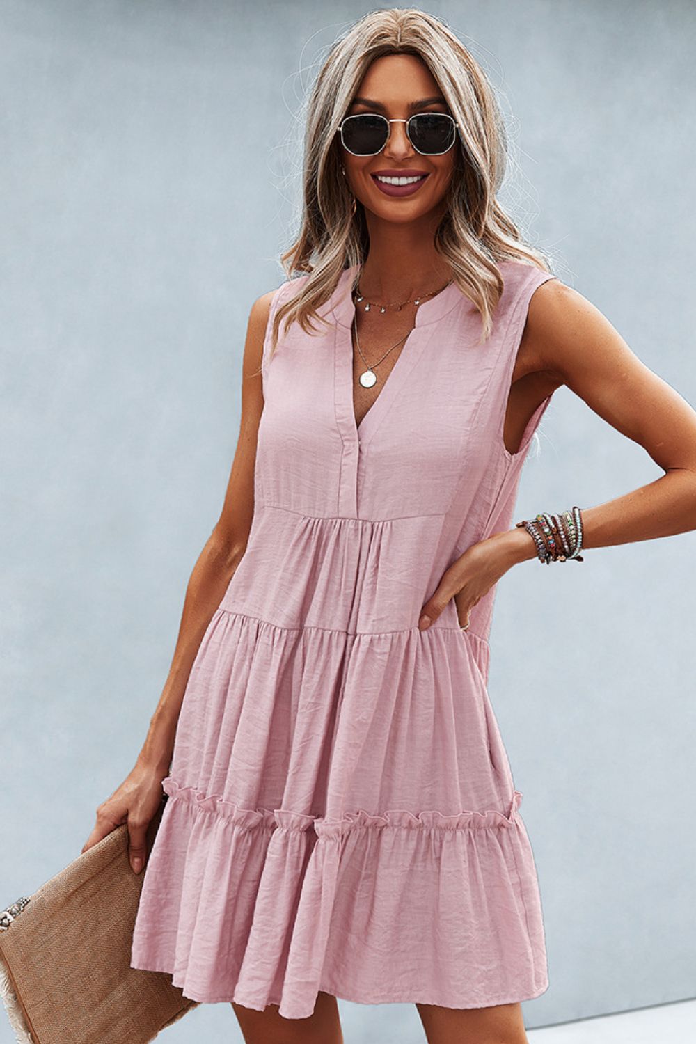 Frill Trim Notched Sleeveless Tiered Dress