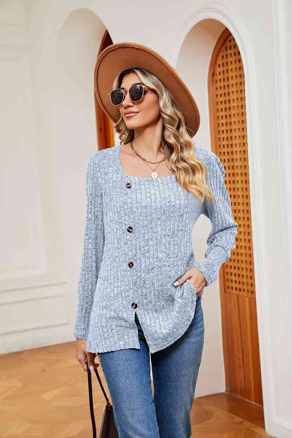 Decorative Button Slit Square Neck Top