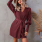 Belted Surplice Lantern Sleeve Wrap Sweater Dress