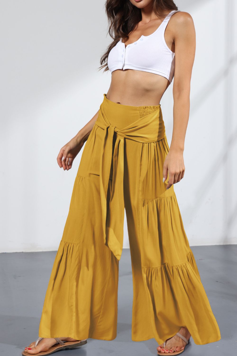 Tie Front Smocked Tiered Culottes