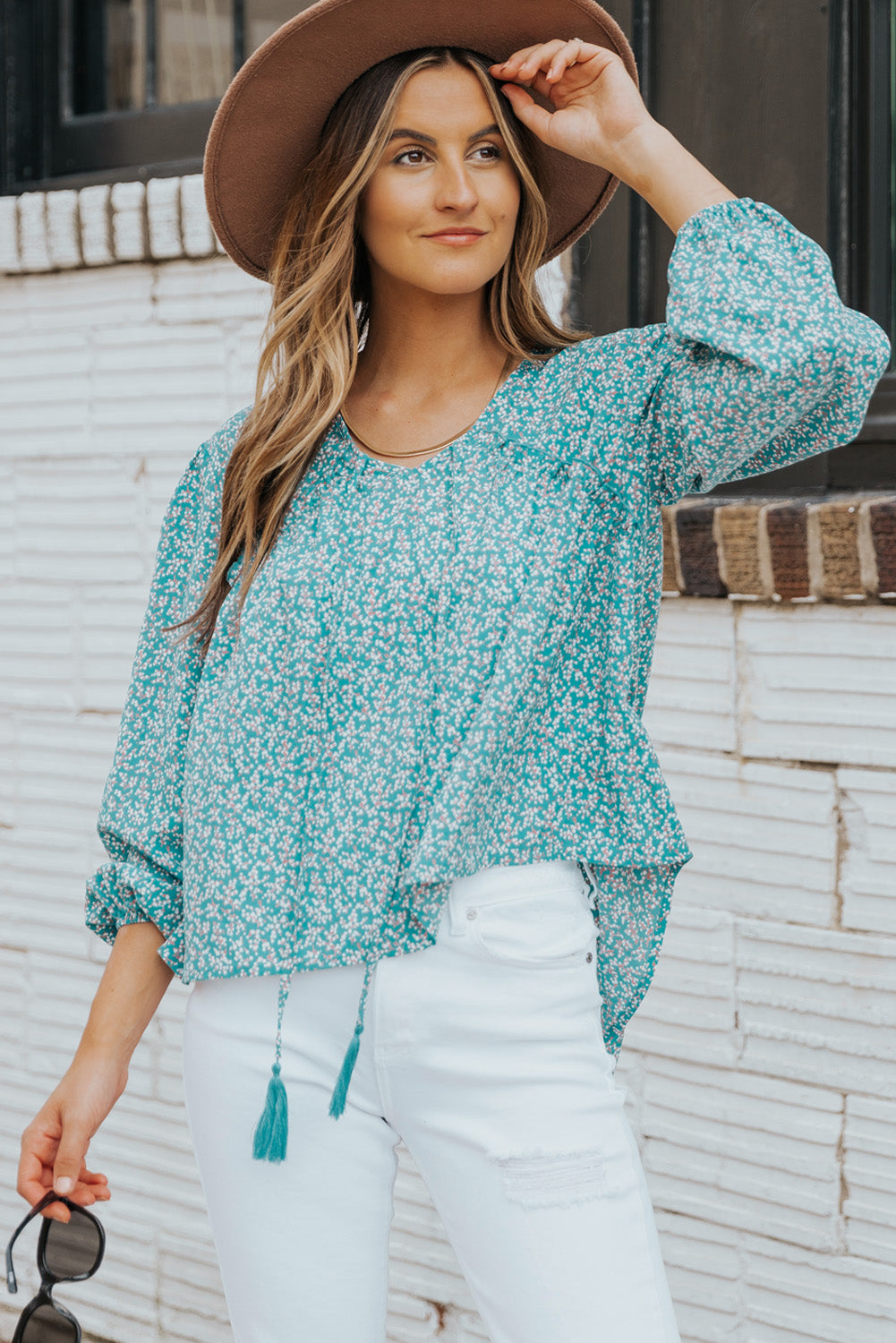 Ditsy Floral Tassel Tie High-Low Blouse